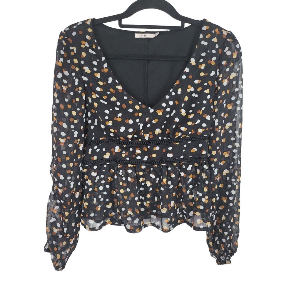 Mi Ami Coquette Blouse S Womens Long Sleeve V Neck Pullover Polka Dot Shirt